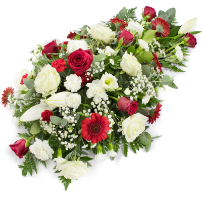 Single Ended Spray SYM-301 - This red and white single ended spray is handmade by our talented florists using the freshest flowers to guarantee a loving tribute. Same day delivery may not be possible on this design – please contact us to discuss your requirements.